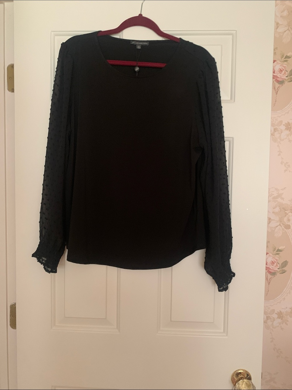 Adrianna Papell Long Woven Sleeve Crew Neck Top Black XL